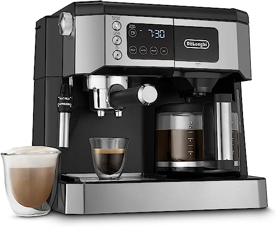 De'Longhi All-in-One Combination Coffee Maker & Espresso Machine + Advanced Adjustable Milk Frother for Cappuccino & Latte + Glass Coffee Pot 10-Cup, COM532M black
