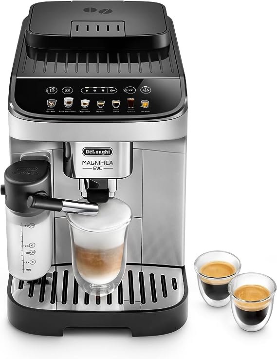 De'Longhi Magnifica Evo with LatteCrema System, Fully Automatic Machine Bean to Cup Espresso Cappuccino and Iced Coffee Maker, Colored Touch Display,Black, Silver
